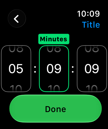 An illustration representing a screen containing a time picker on Apple Watch, with the minutes highlighted.