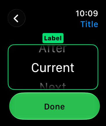 An illustration representing a screen containing a picker view on Apple Watch, showing three items in a list. The center item is highlighted.