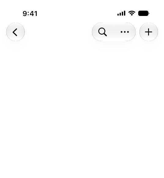 An illustration of an iPhone screen with search in a top toolbar. A Back button appears on the leading edge, and an Add button appears on the trailing edge. A button group with Search and More appears next to the Add button.