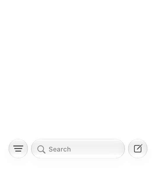 An illustration of an iPhone screen with search in a bottom toolbar. The search field is positioned in an isolated group between a Filter button on the leading edge and a Compose button on the trailing edge.