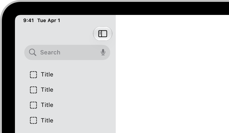 An illustration of an iPad screen with a search field at the top of the sidebar on the leading edge of the screen.