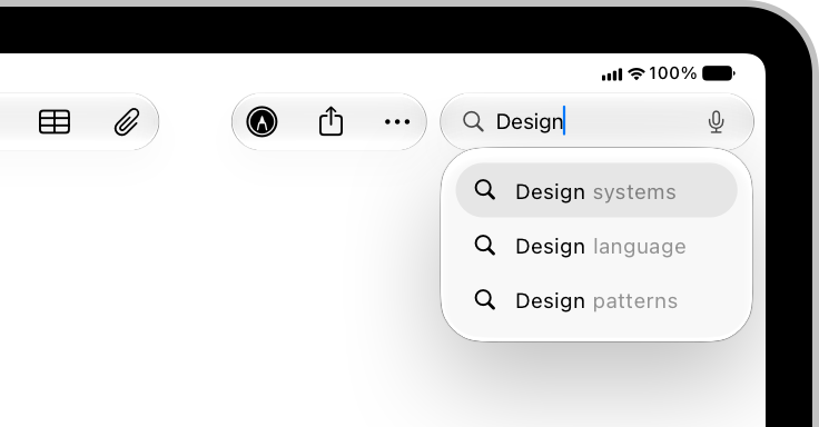 An illustration of an iPad screen with a search field on the trailing edge of the top toolbar. The search field has the word Design entered into the field, and three search suggestions appear in a list beneath the field.