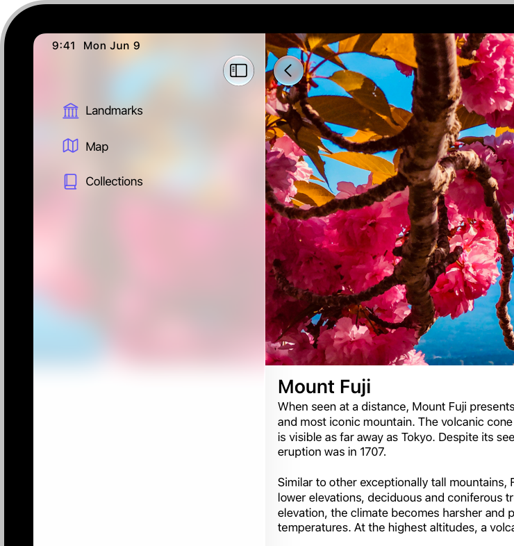 A screenshot of the leading side of an app on iPad. An image spans the upper part of the window, and uses a background extension effect to flip, blur, and extend the image beneath the sidebar to the edge of the window.