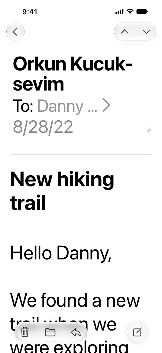 A screenshot of a Mail message on iPhone, using the largest accessibility font size. From the top, the message header displays the sender name on one line, followed by the truncated recipient name on the next line, and the date and attachment glyph on the third line. Below the header and message title, the first line and part of the second line of body text are visible on the screen.