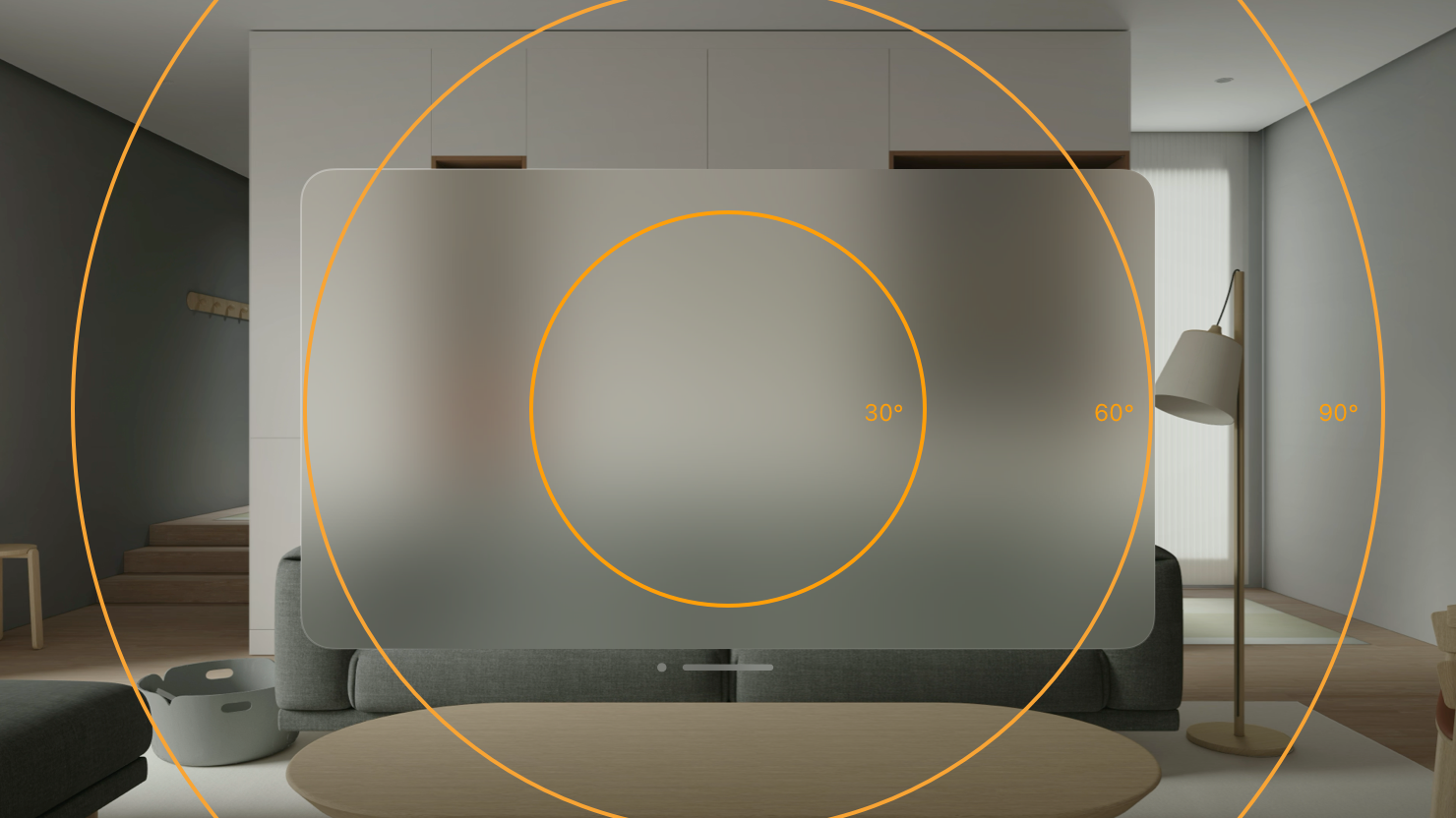 A screenshot of a blank app window in visionOS. A series of concentric circles overlay the image, conveying 30-, 60-, and 90-degree fields of view.