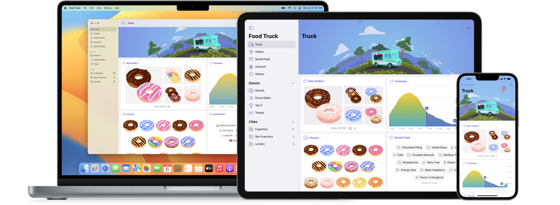 SwiftUI 인터페이스가 표시되어 있는 MacBook Pro, iPad 및 iPhone.